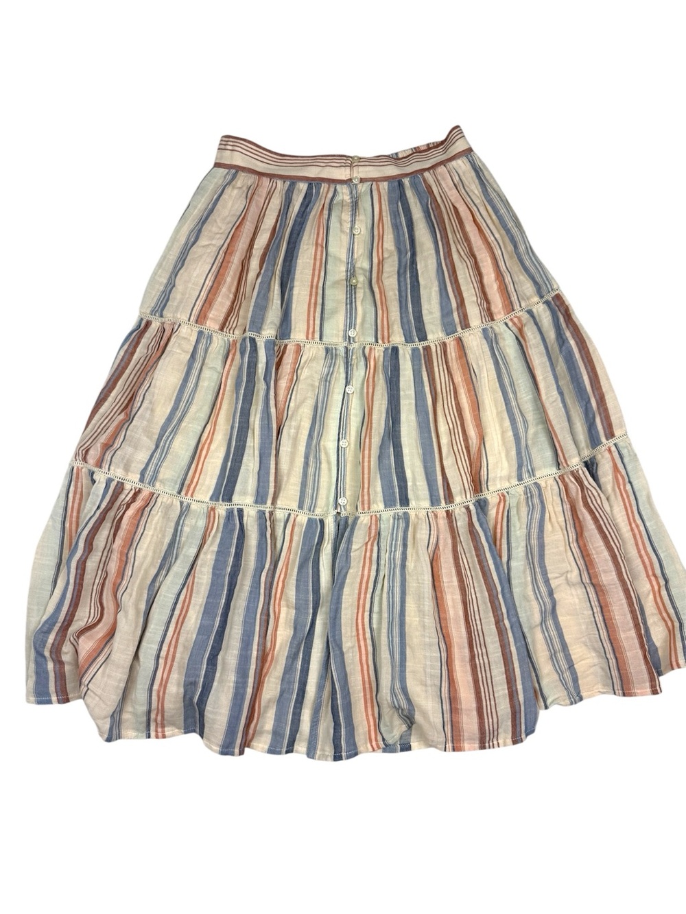 Lucky Brand Striped Tiered Maxi Skirt in Blue, Rust & Cream